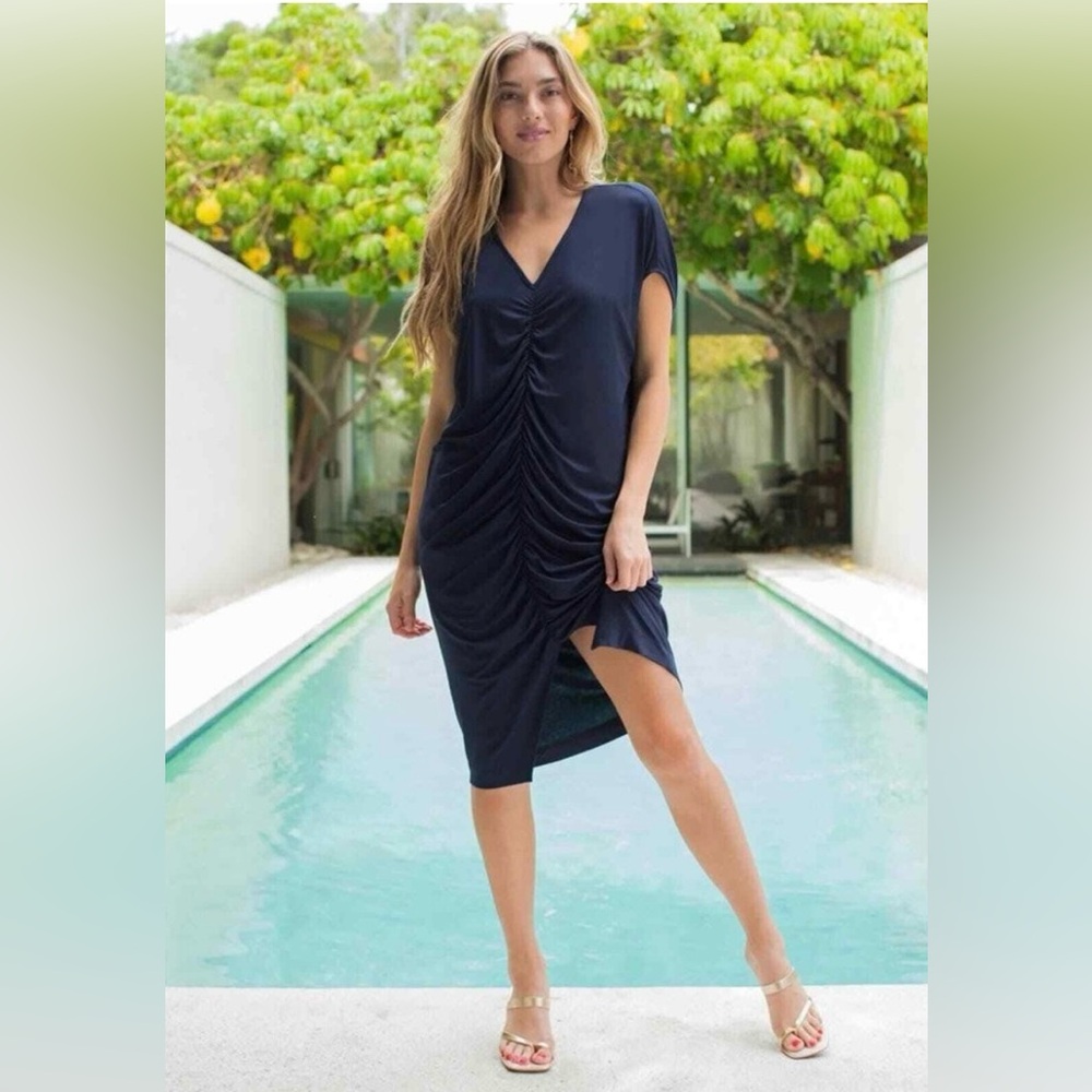 NWT Trina Turk Elegant Navy Cinched Dawn Dress Sz L
